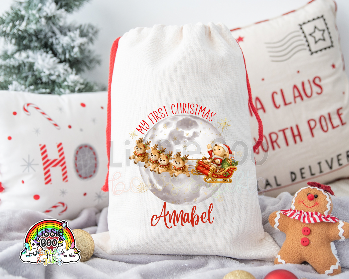 Santa’s sleigh baby’s first Christmas Sack