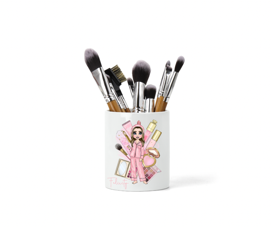 Personalised pink make up dolly brush pot