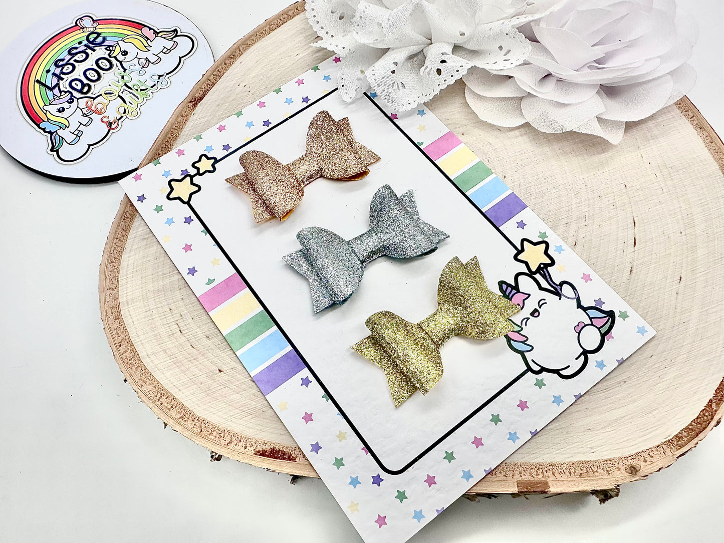 Set of three fine glitter metallic hair bows