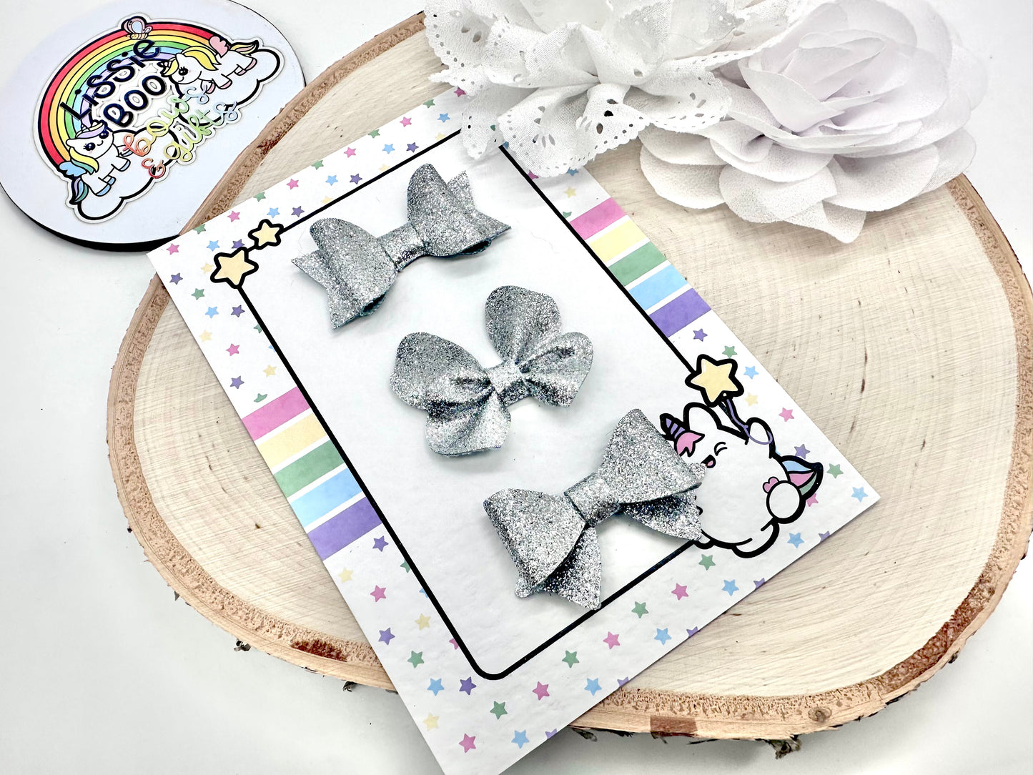 Set of three fine glitter silver hair accessories