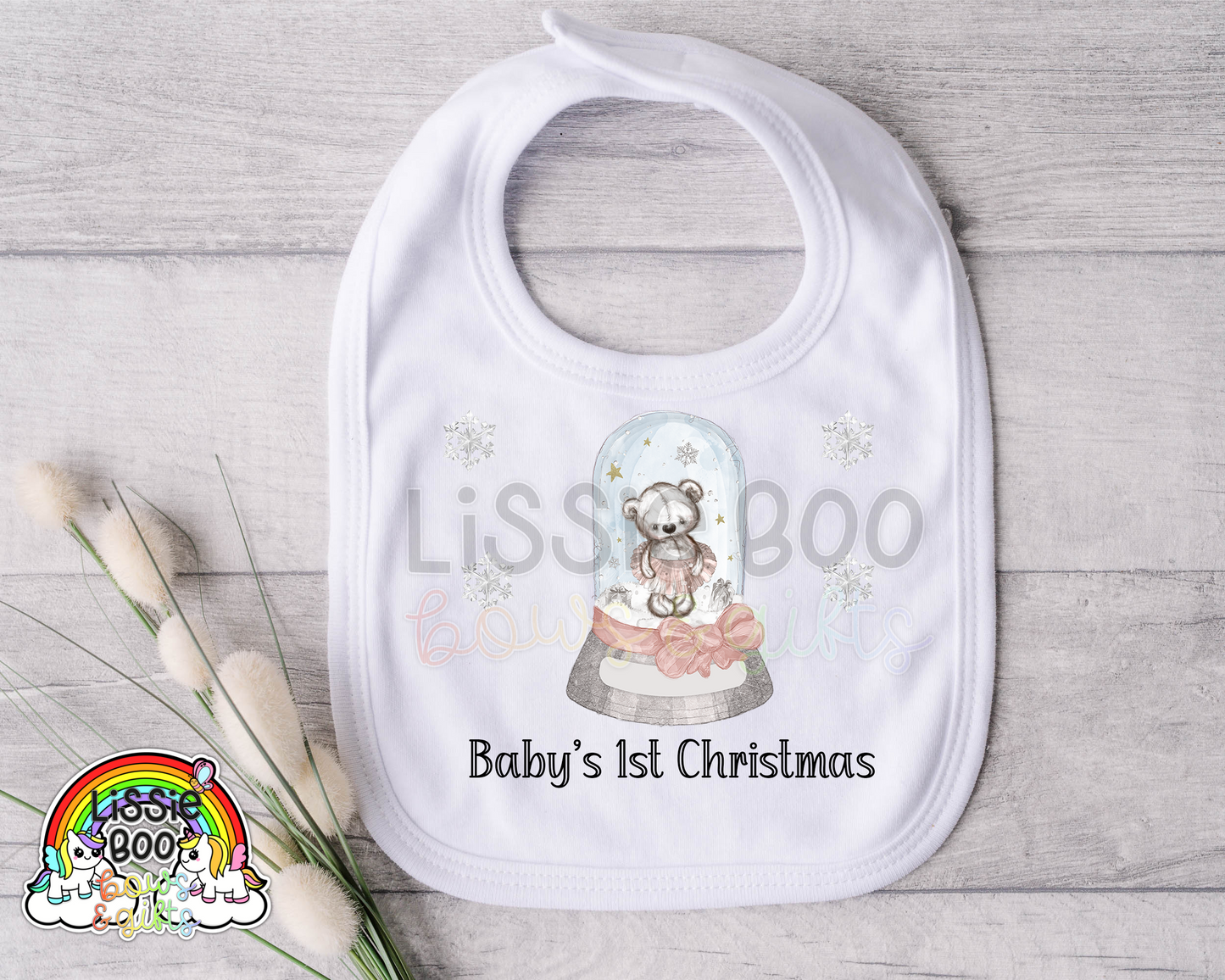 Pink bear snow globe Christmas bib