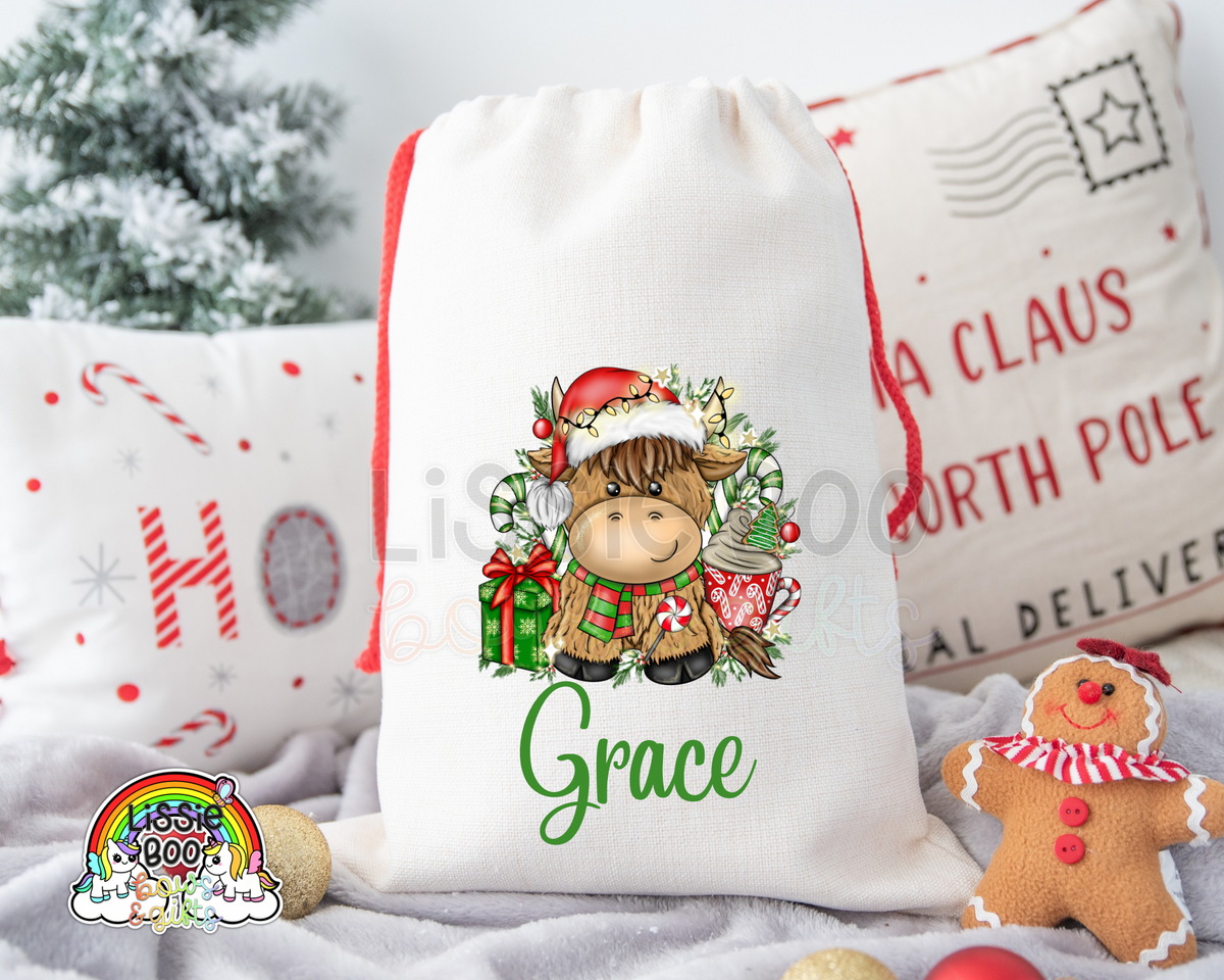 Personalised Christmas Highland Cow Christmas Sack