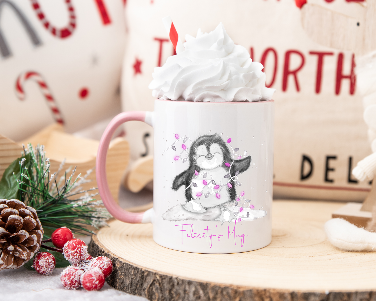 Personalised pink happy penguin Mug