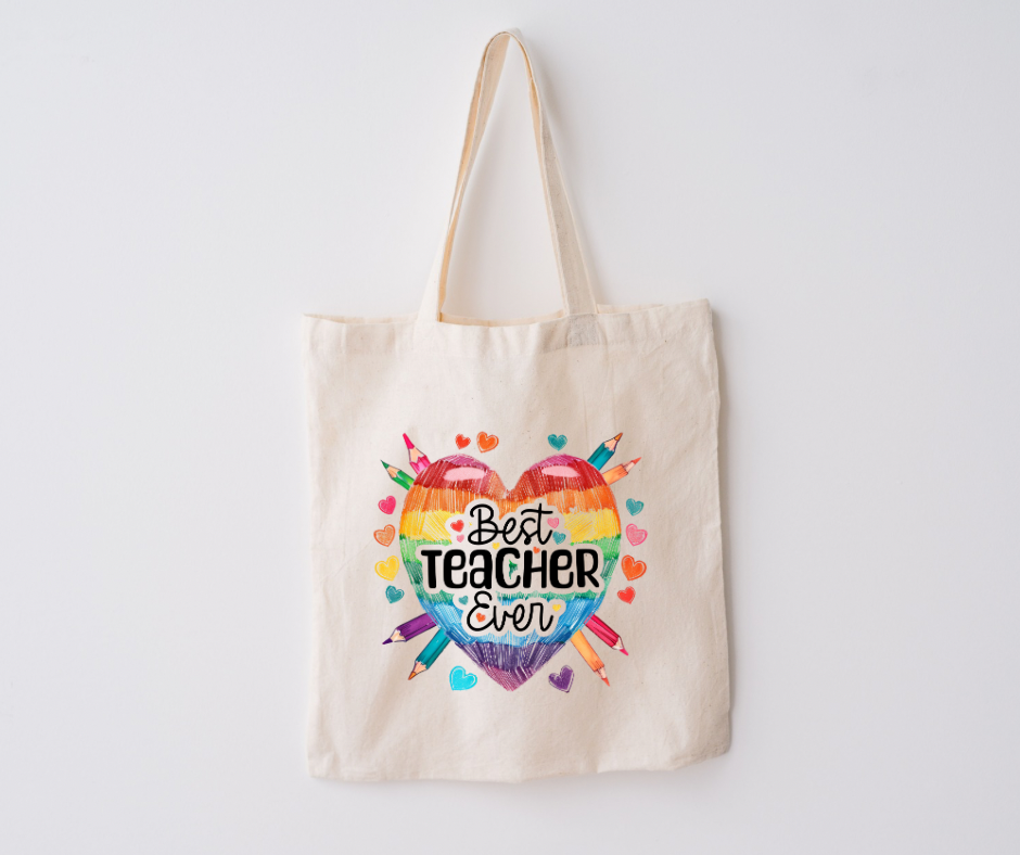 Rainbow heart teacher tote bag