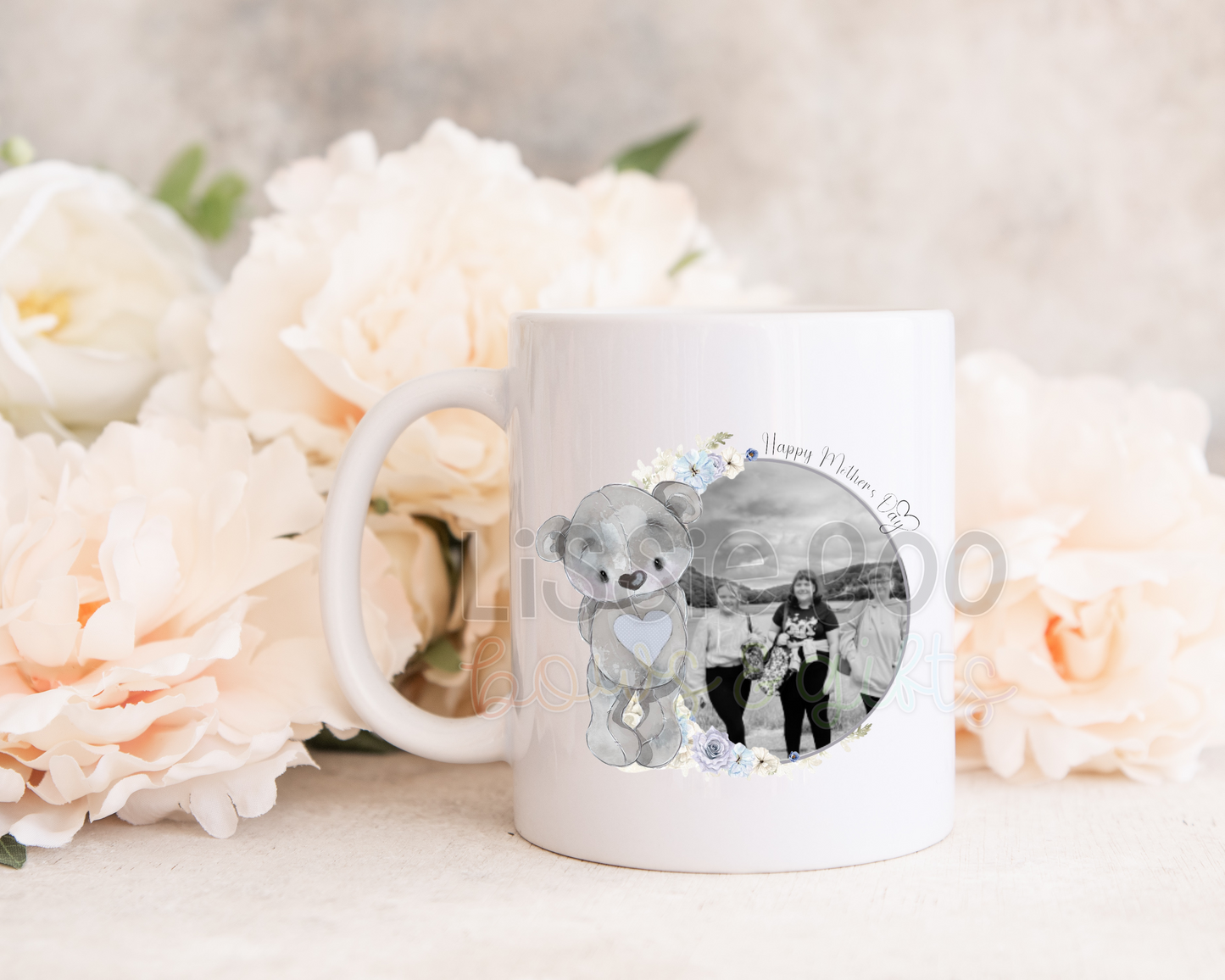 Grey Lilac Floral Bear photo mug