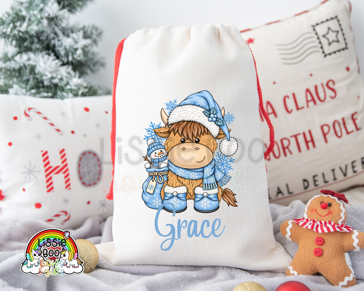 Personalised Christmas Blue Highland Cow Christmas Sack