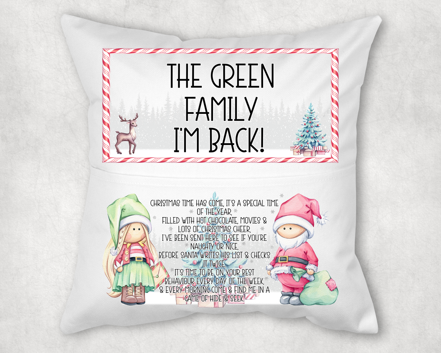 Christmas Elf delivery pocket cushion cover - boy or girl variations