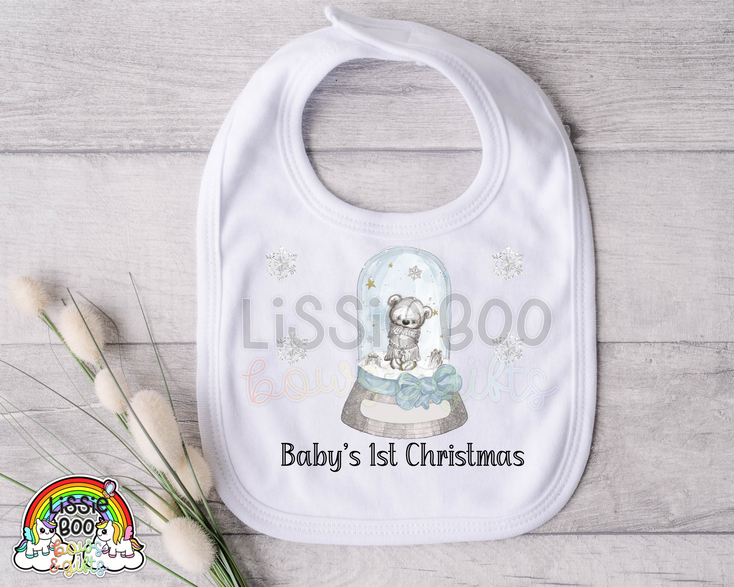 Blue bear snow globe Christmas bib