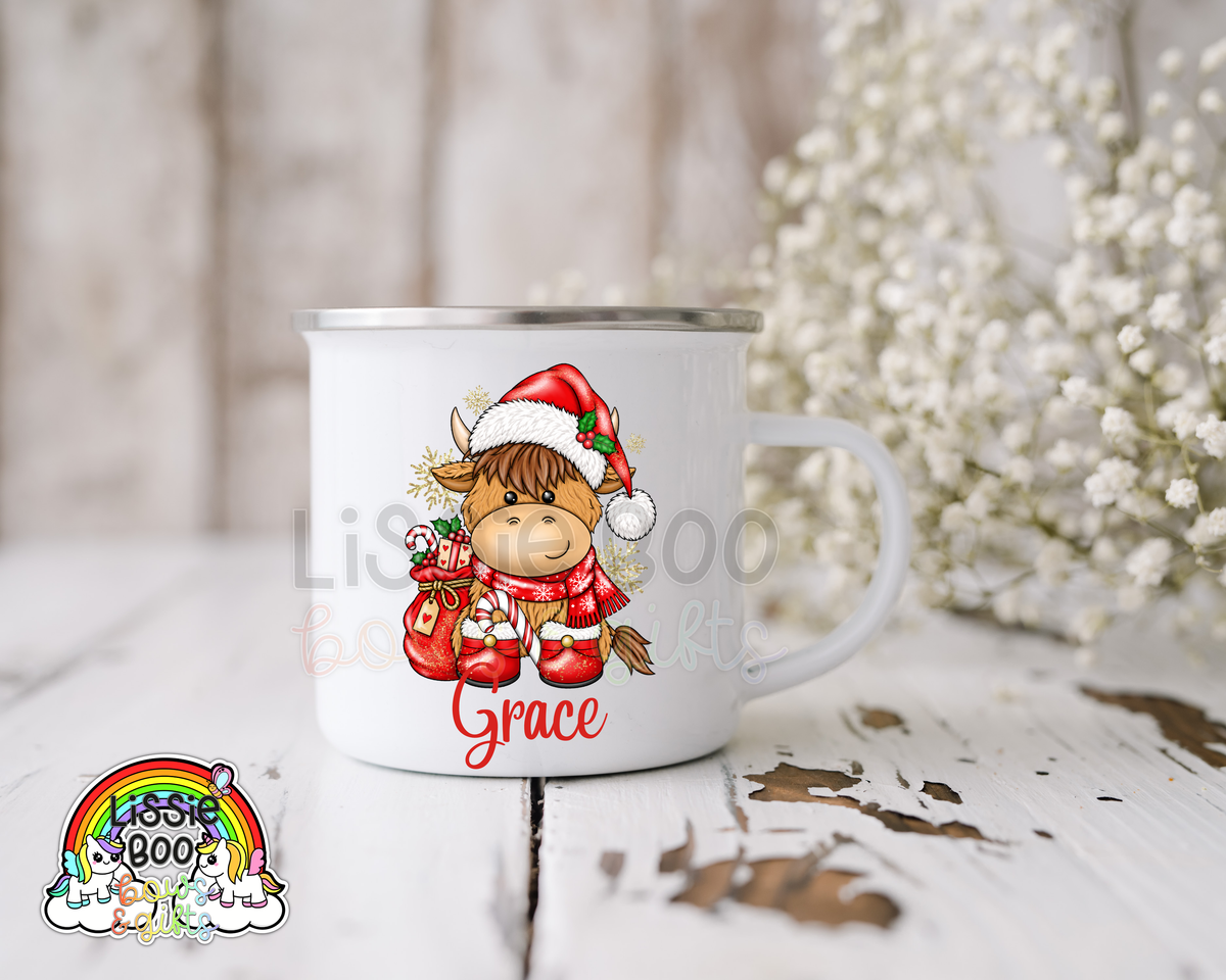 Christmas red highland cow enamel mug