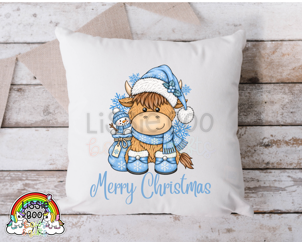 Christmas blue Highland Cow cushion cover