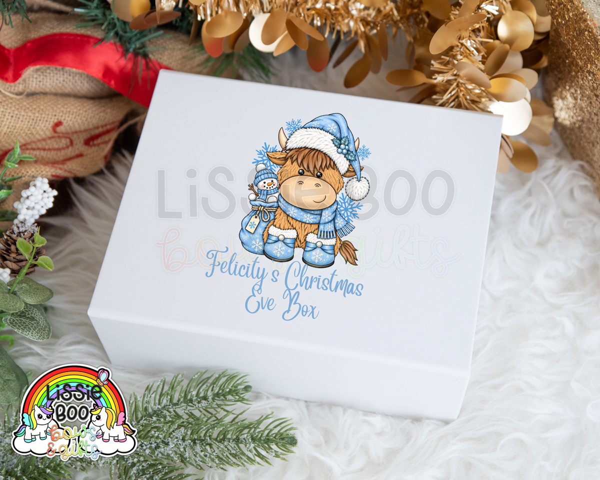 Personalised Blue Highland Cow Christmas Eve Box