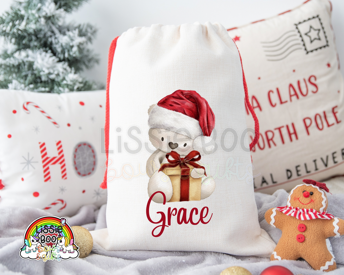 Personalised Present White Bear Christmas Sack
