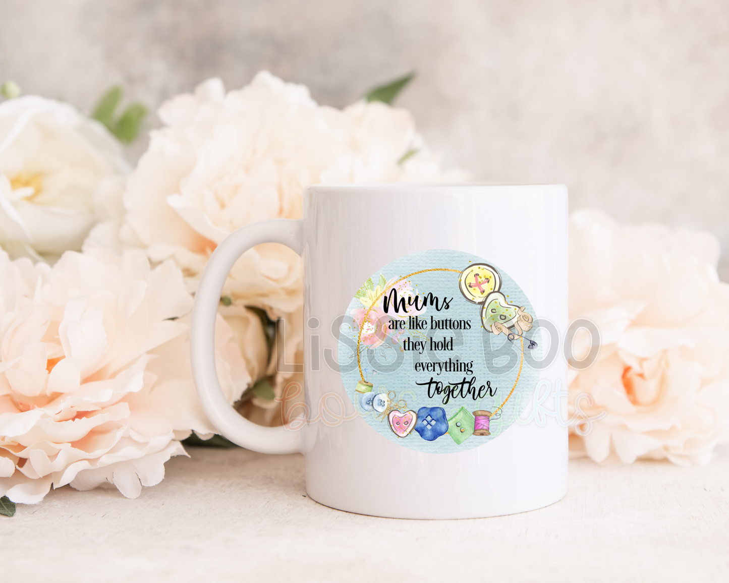 Circle buttons hold everything together personalised mug - female relation can be changed