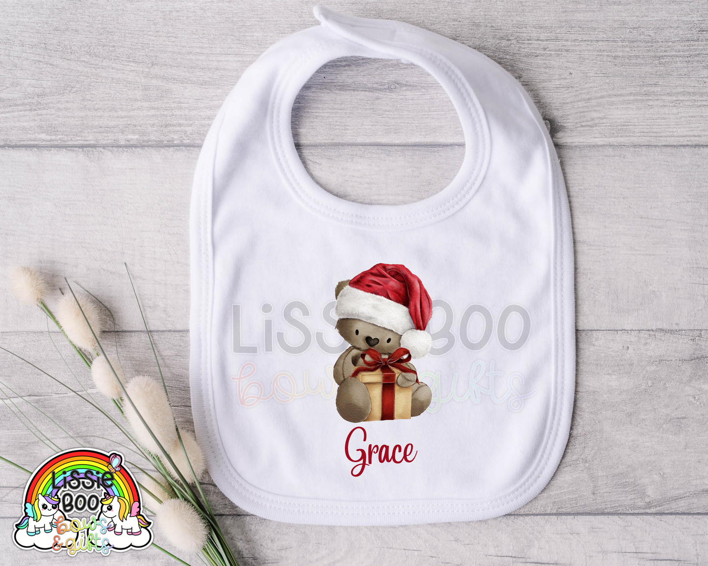 Personalised Present Brown Bear Christmas Bib
