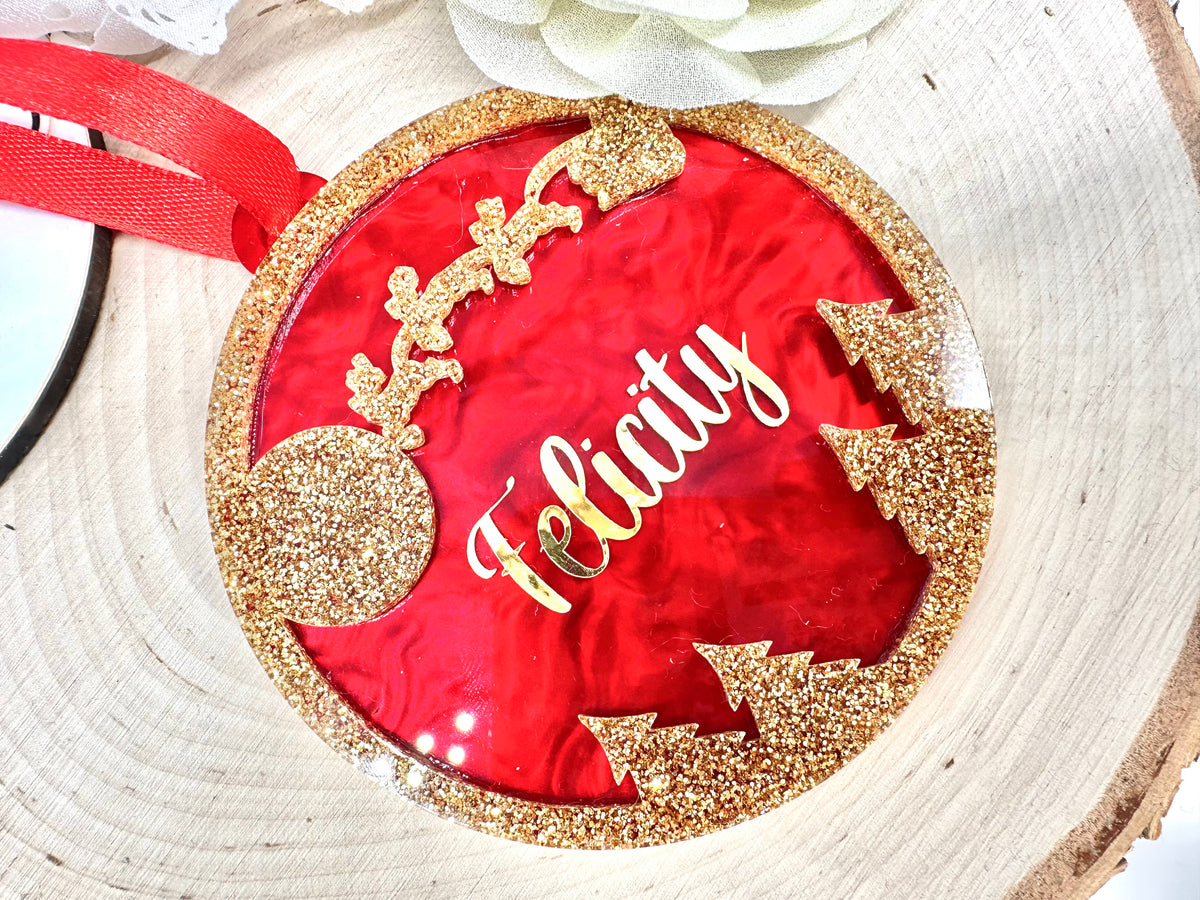 Red swirl and gold glitter Santa night sky acrylic bauble - 10cm
