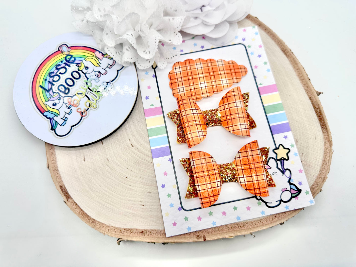 2.5” orange tartan piggytail & clip set