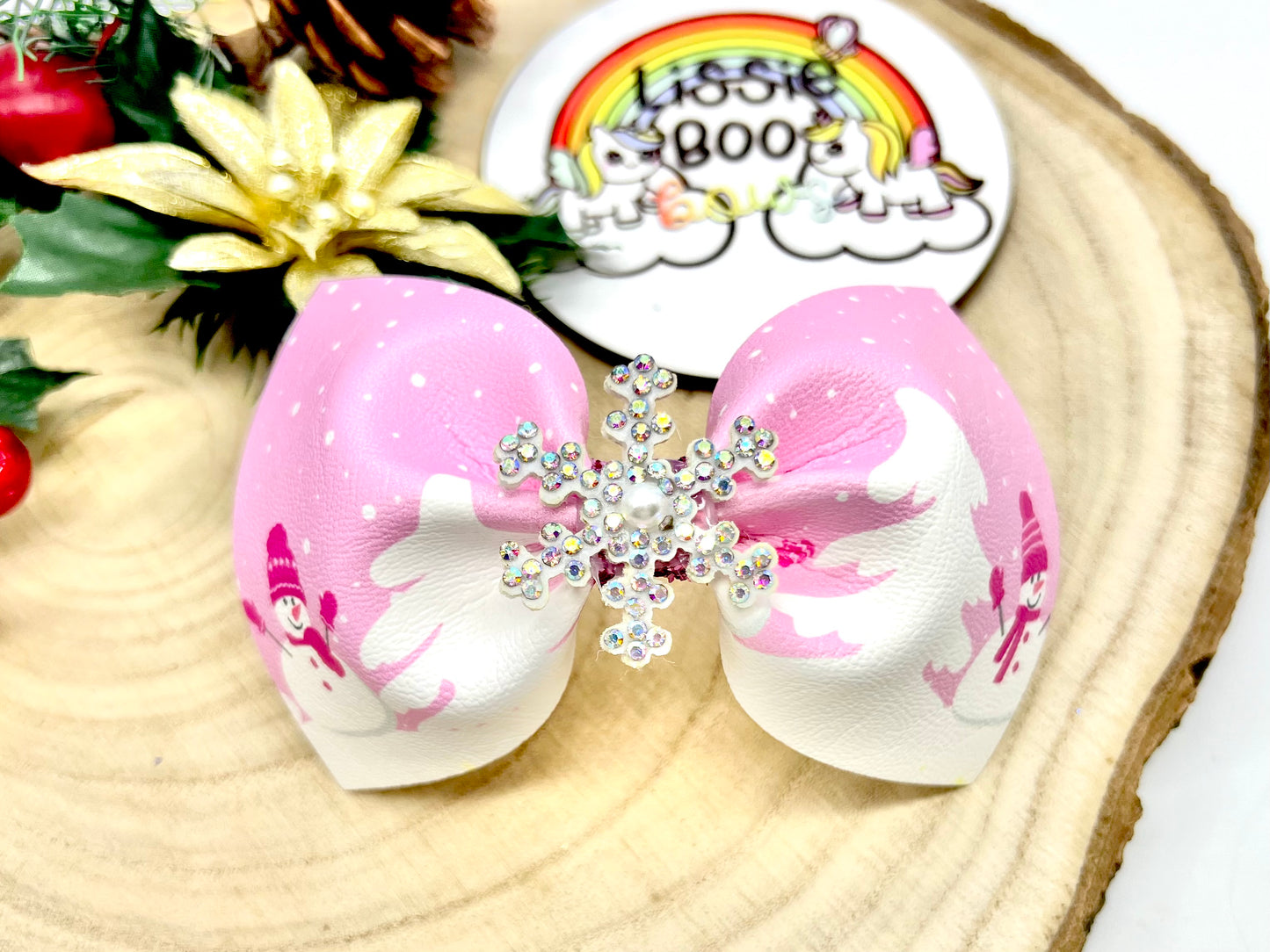 4” pink snowman pinch hair bow