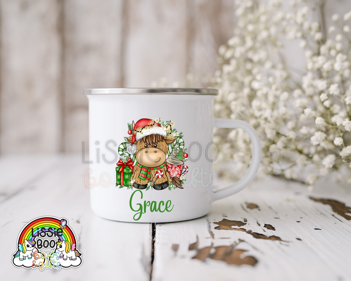 Christmas highland cow enamel mug