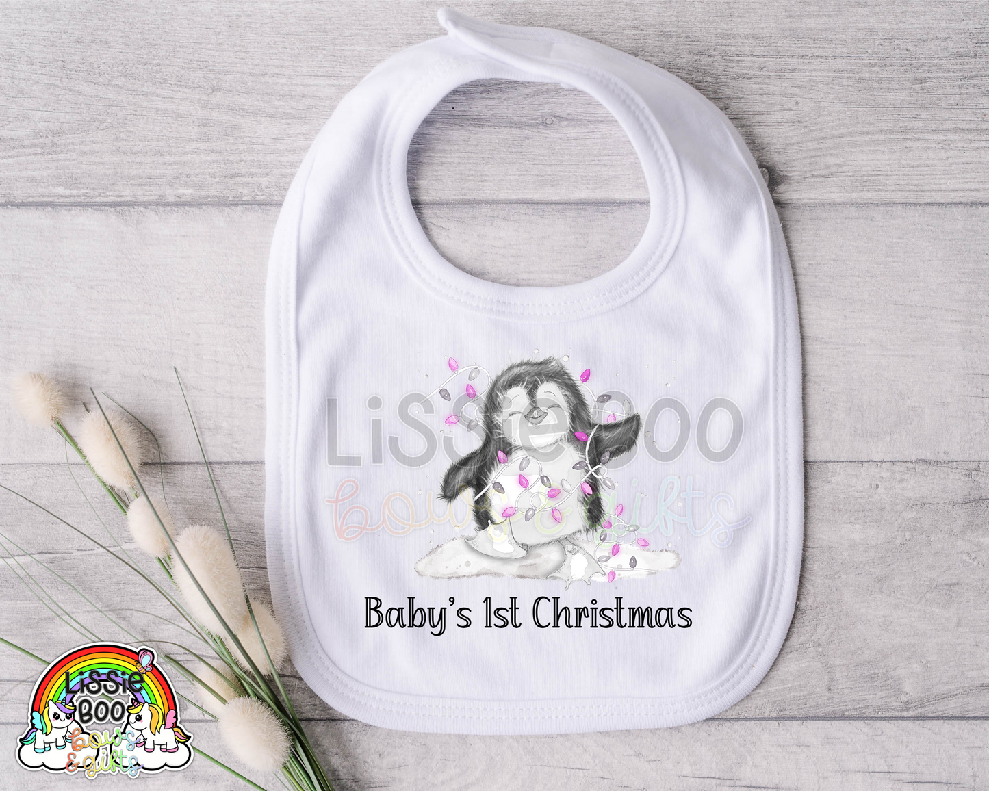 Pink happy penguin Christmas bib