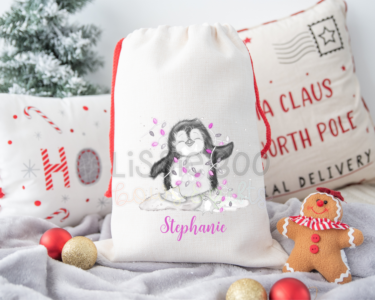 Pink happy penguin Christmas Sack