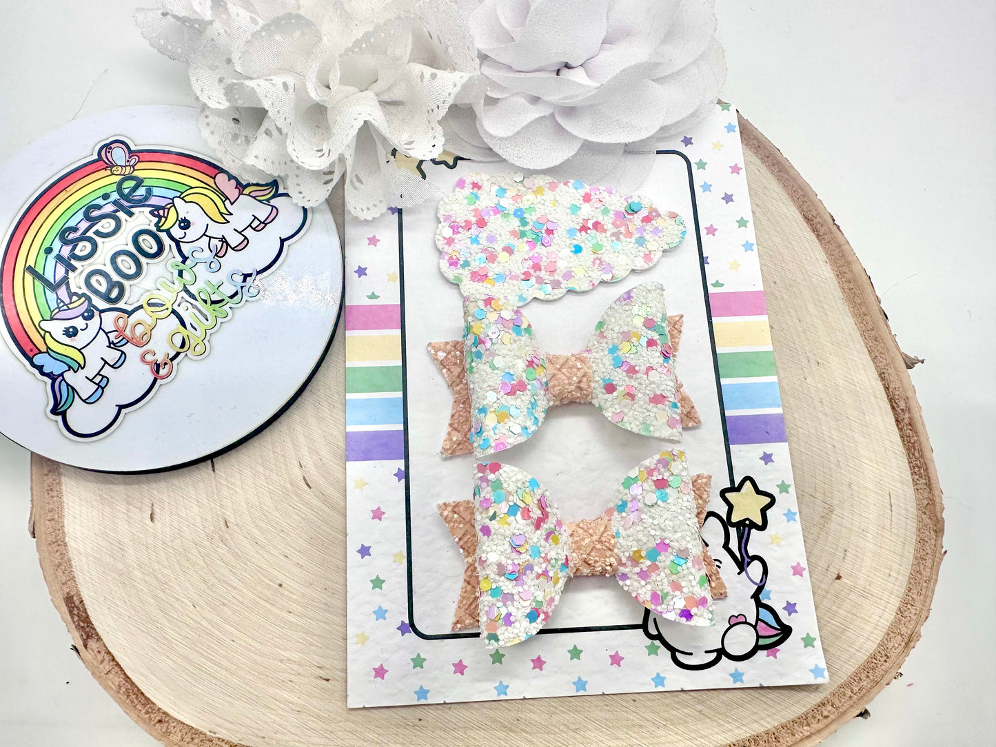 2.5” white ice cream sprinkles piggytail & clip set