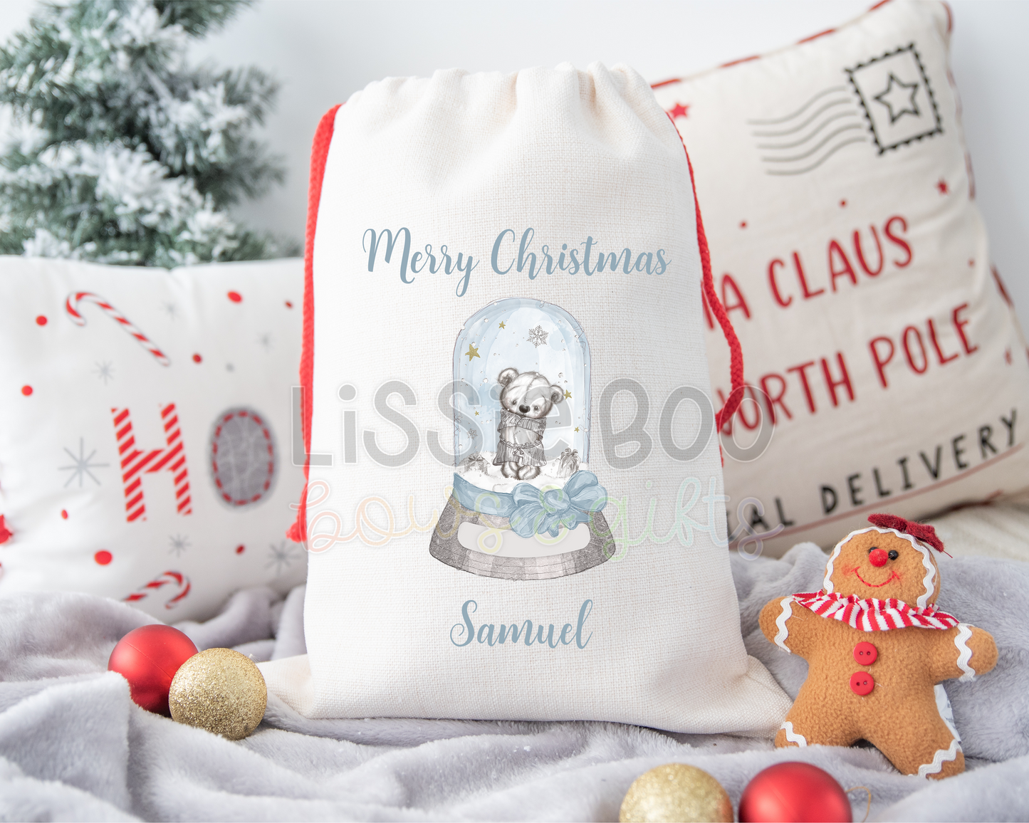 Blue bear snowglobe Christmas Sack