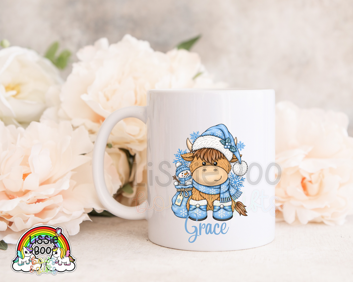 Christmas blue highland cow mug