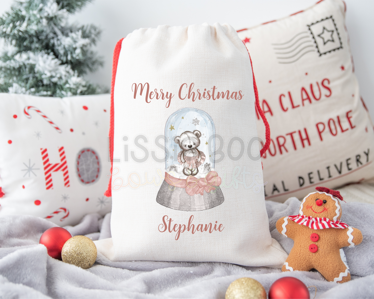 Pink bear snowglobe Christmas Sack