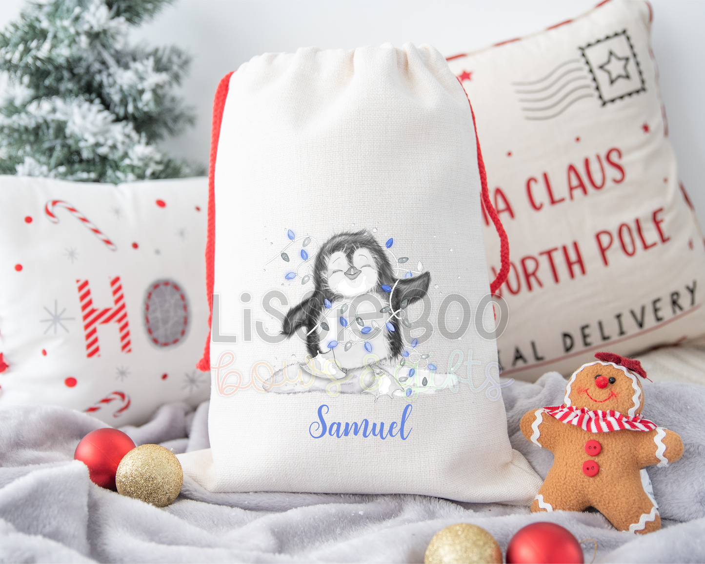 Blue happy penguin Christmas Sack