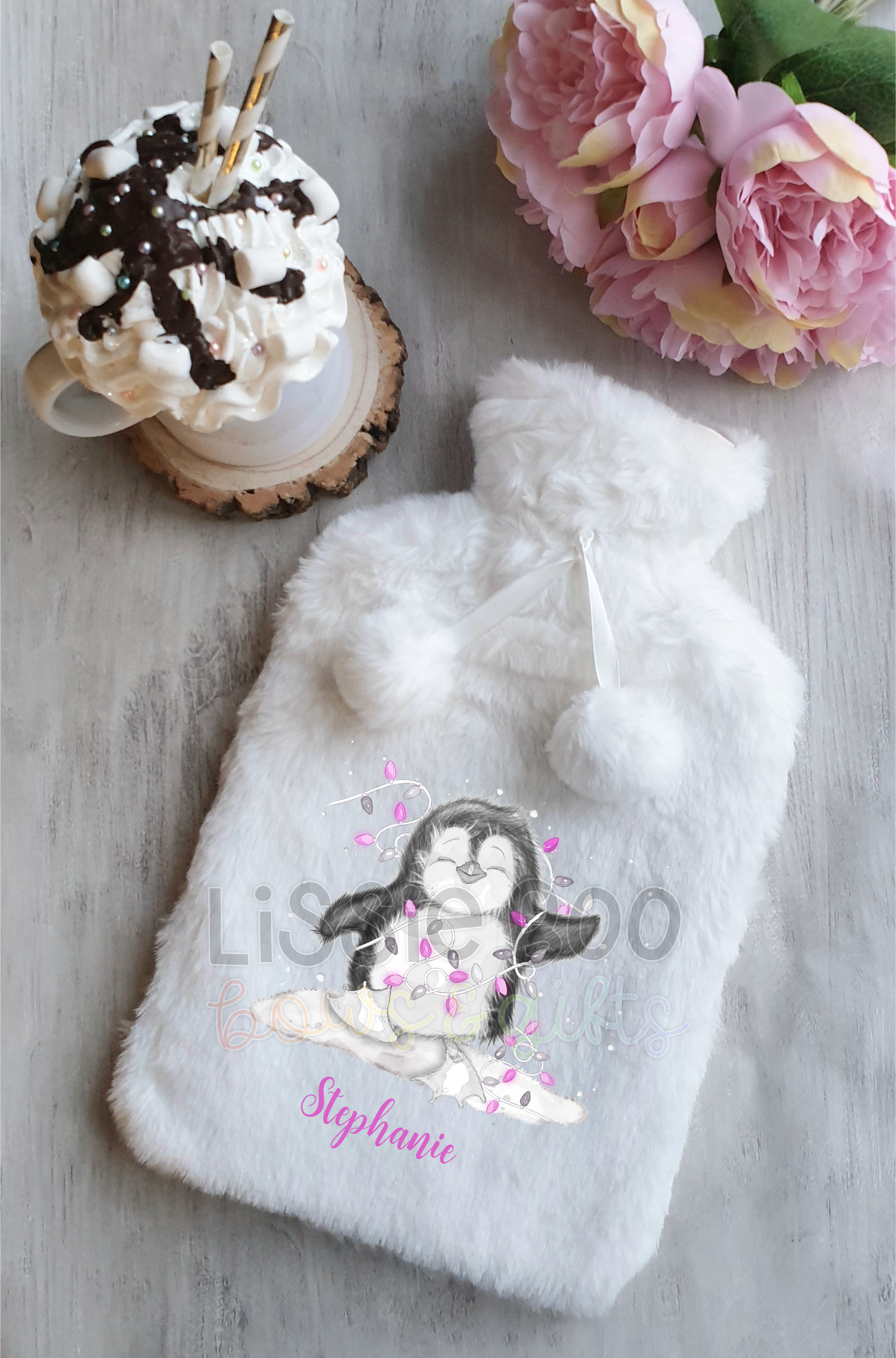Pink happy penguin hot water bottle