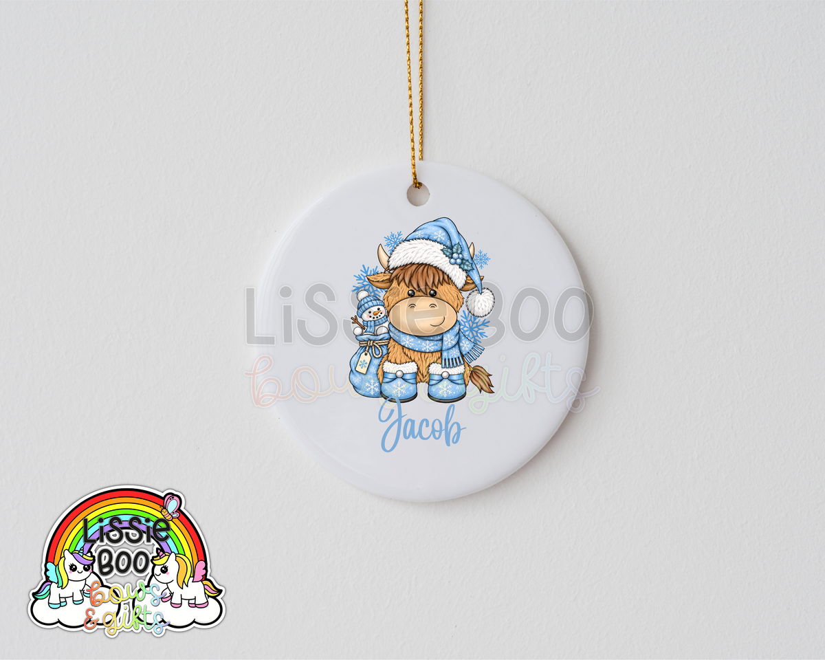 Personalised Blue Highland cow Christmas decoration