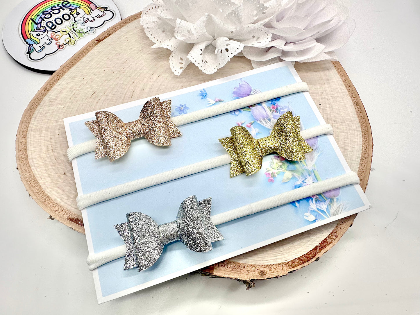 Set of three fine glitter metallic hair bow baby headbands