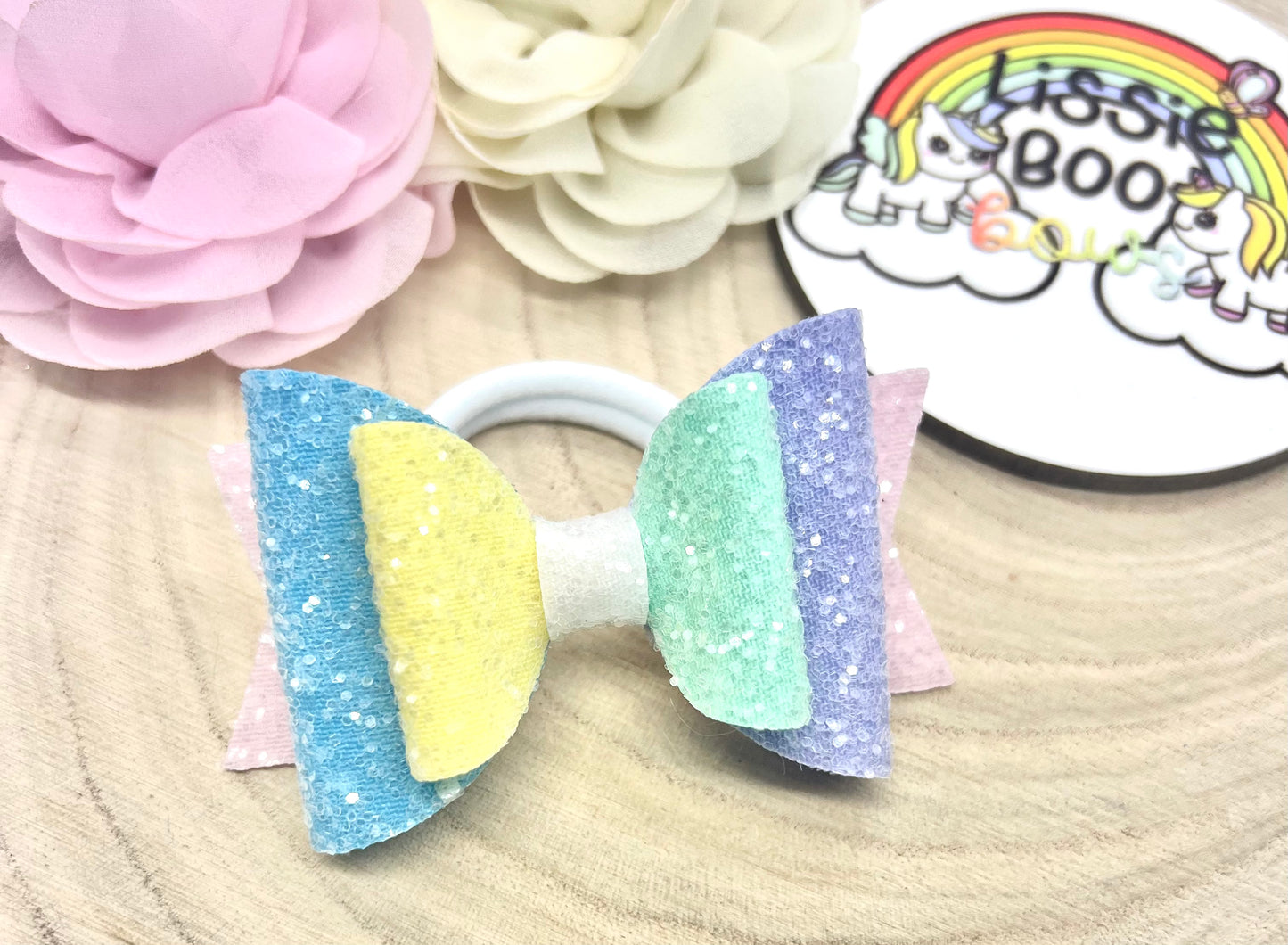 Pastel rainbow glitter hair bow 3.5”