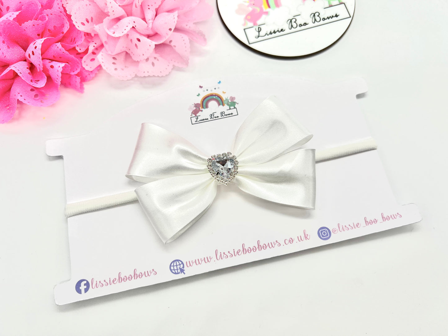 Satin bias heart diamante hair bow