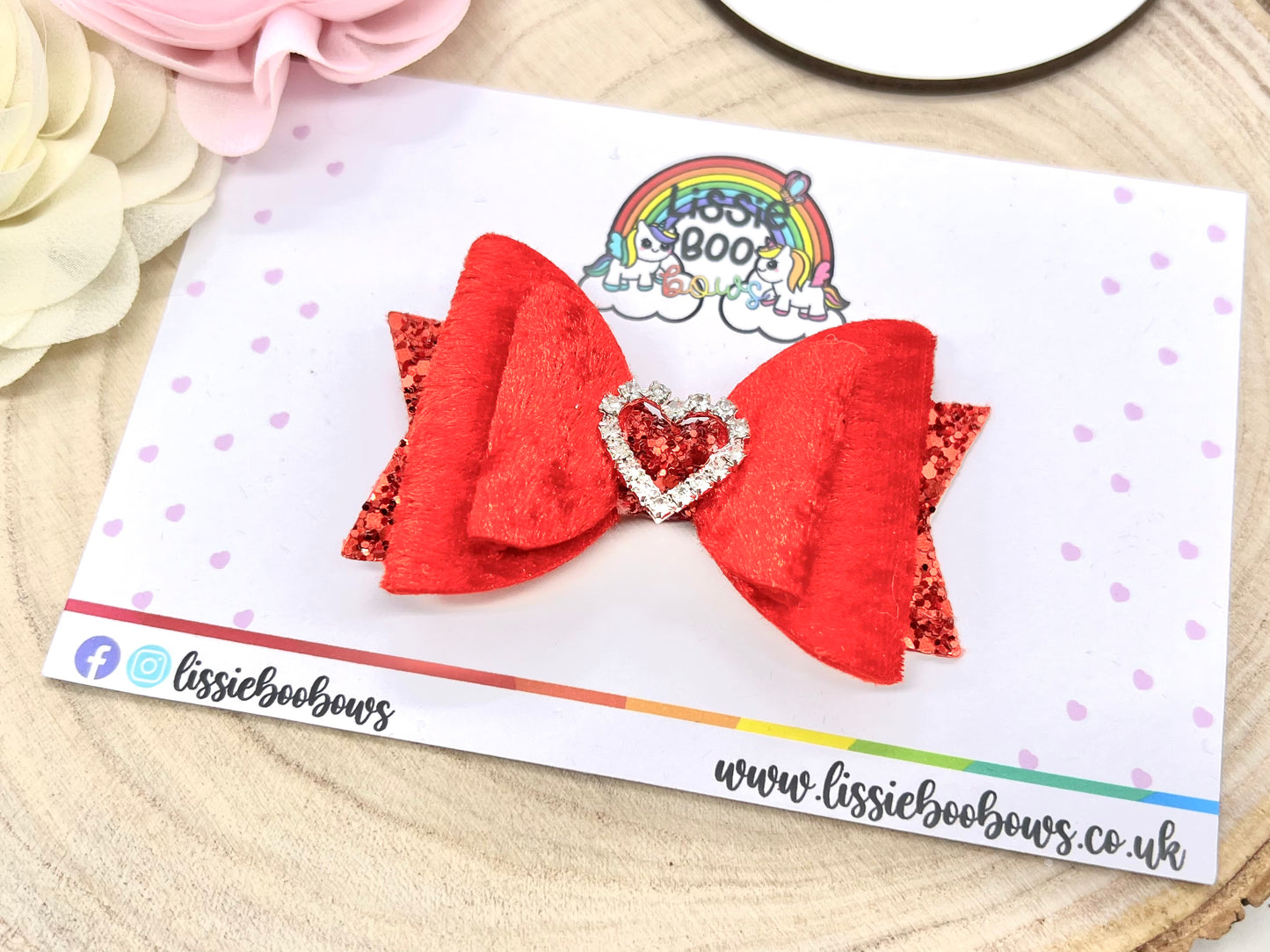 3.5” red diamanté heart velvet hair bow