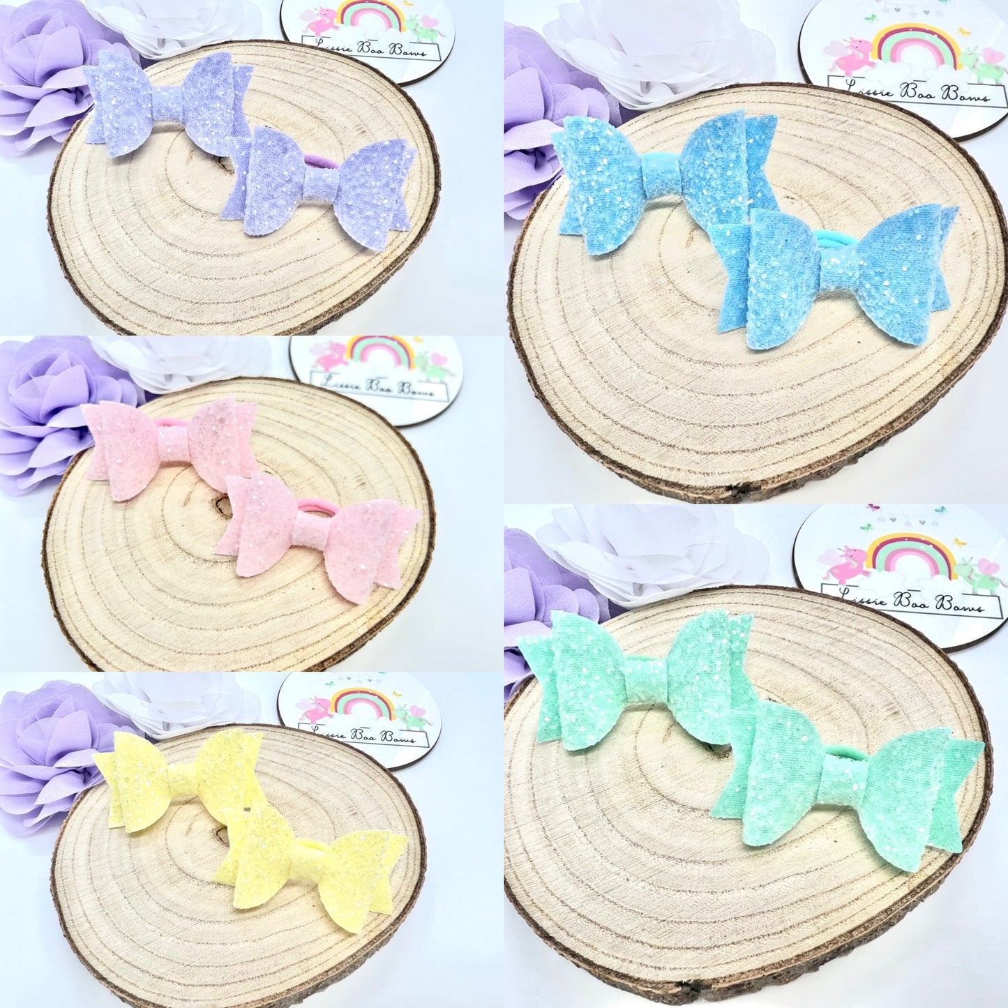 2.5” Pastel glitter piggytail bows - one set supplied