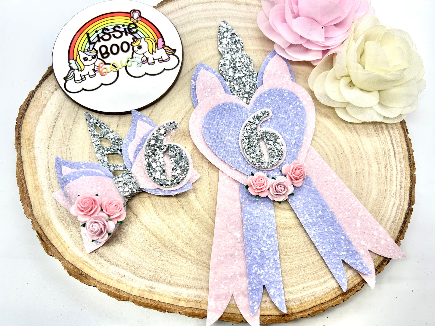 Unicorn birthday badge and bow (sold as a set and individually too)