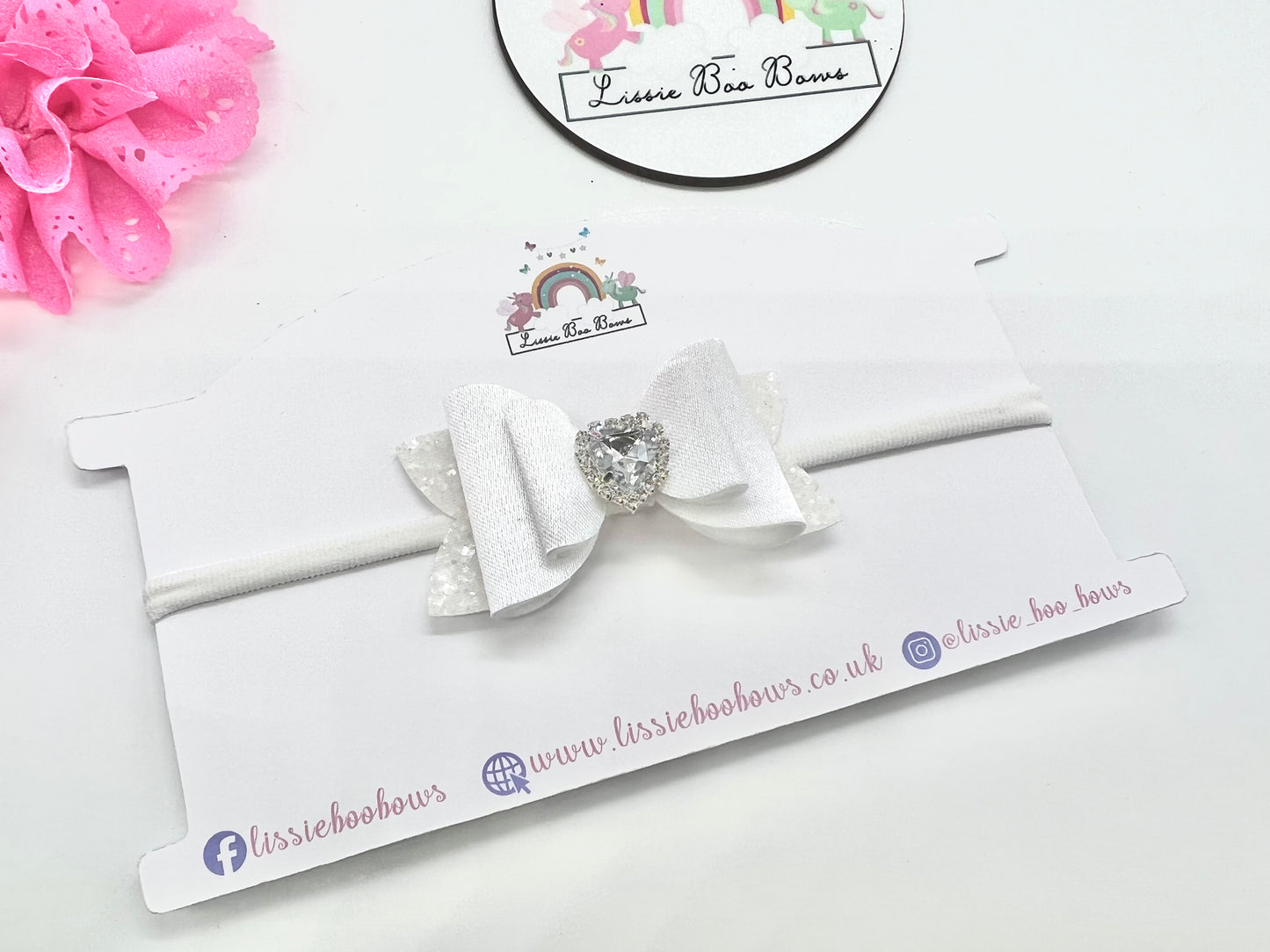 Satin Heart diamanté hair bow 3.5”