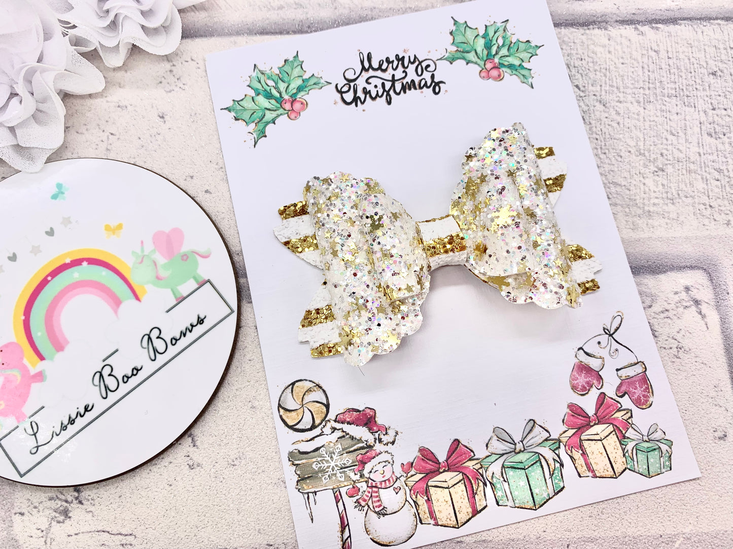 Gold snow flurry hair bow 3.5”
