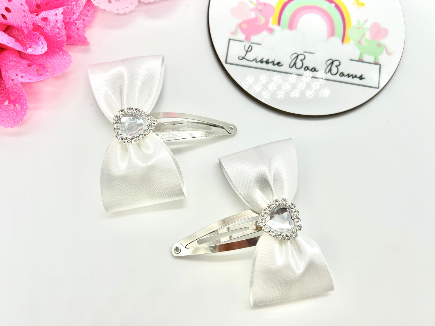 Set of two satin ribbon diamanté heart hair clips - all colours available