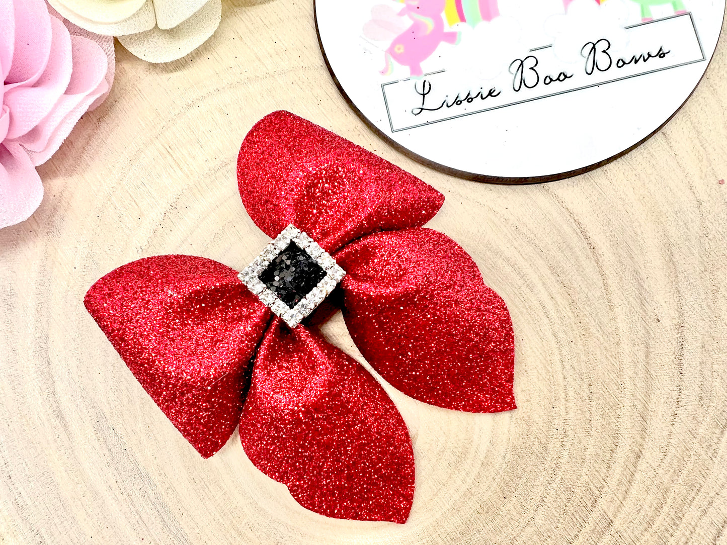 Red diamanté buckle pinch hair bow 3”