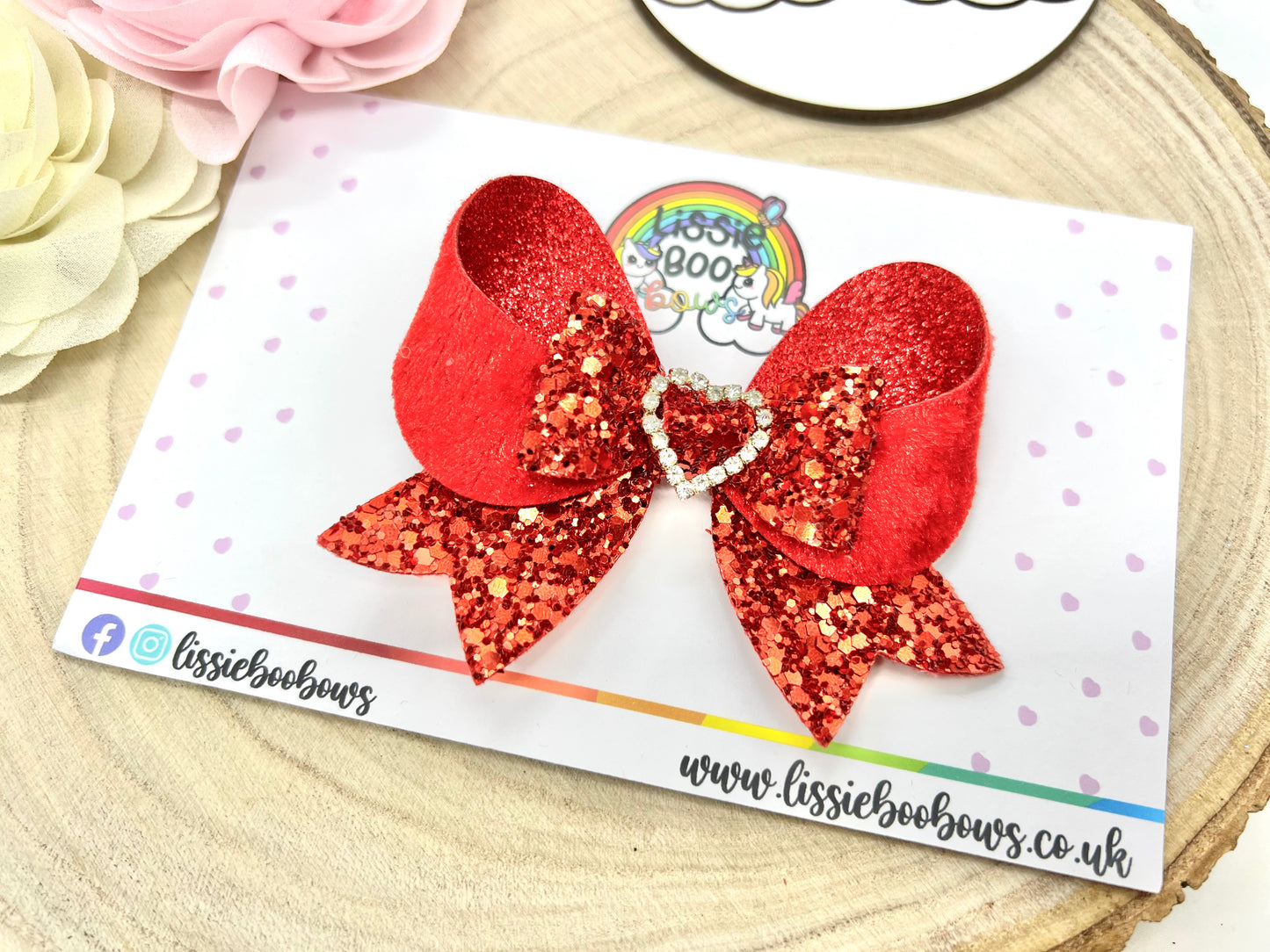 Double sided velvet fancy diamanté heart hair bow 3.75”