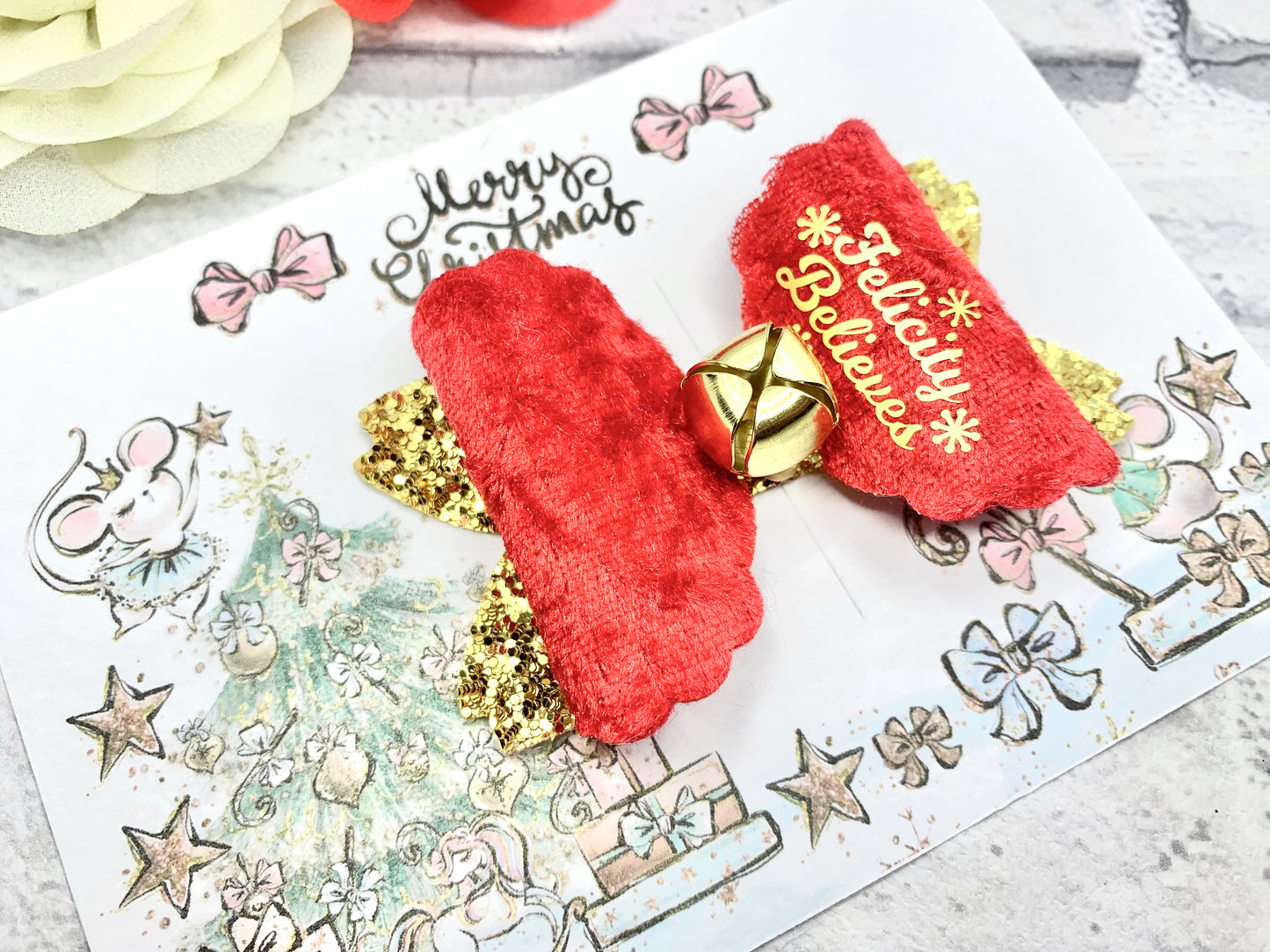 Believe jingle bell bow 4”