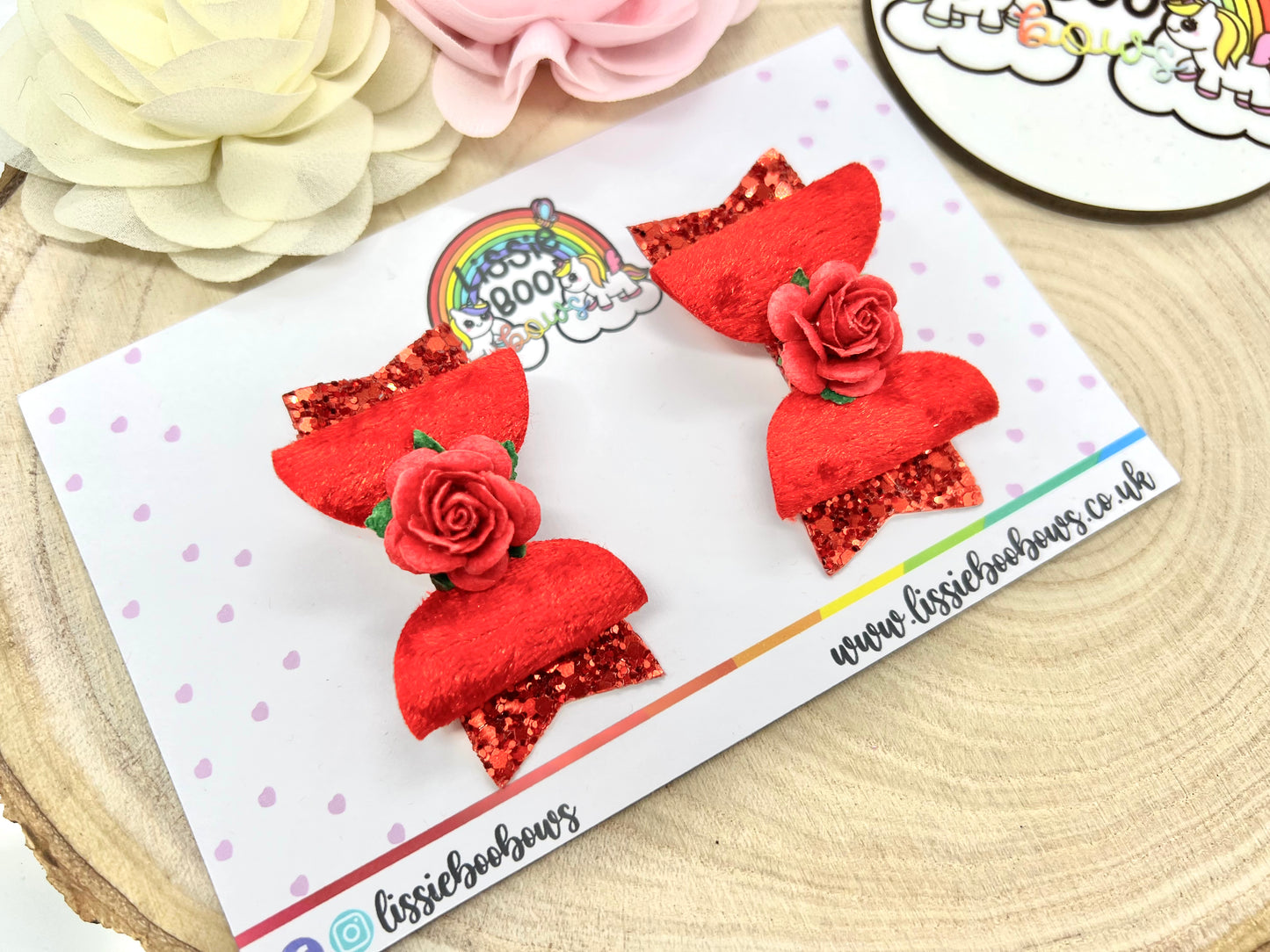 2.5” red velvet floral piggytail hair bows