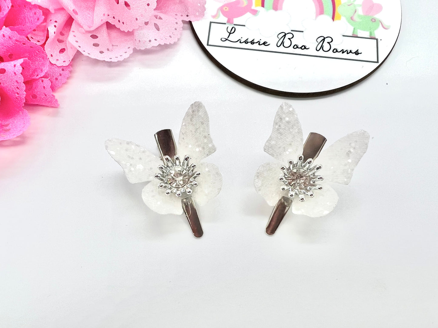 Set of 2 glitter diamanté butterfly hair clips - all colours available