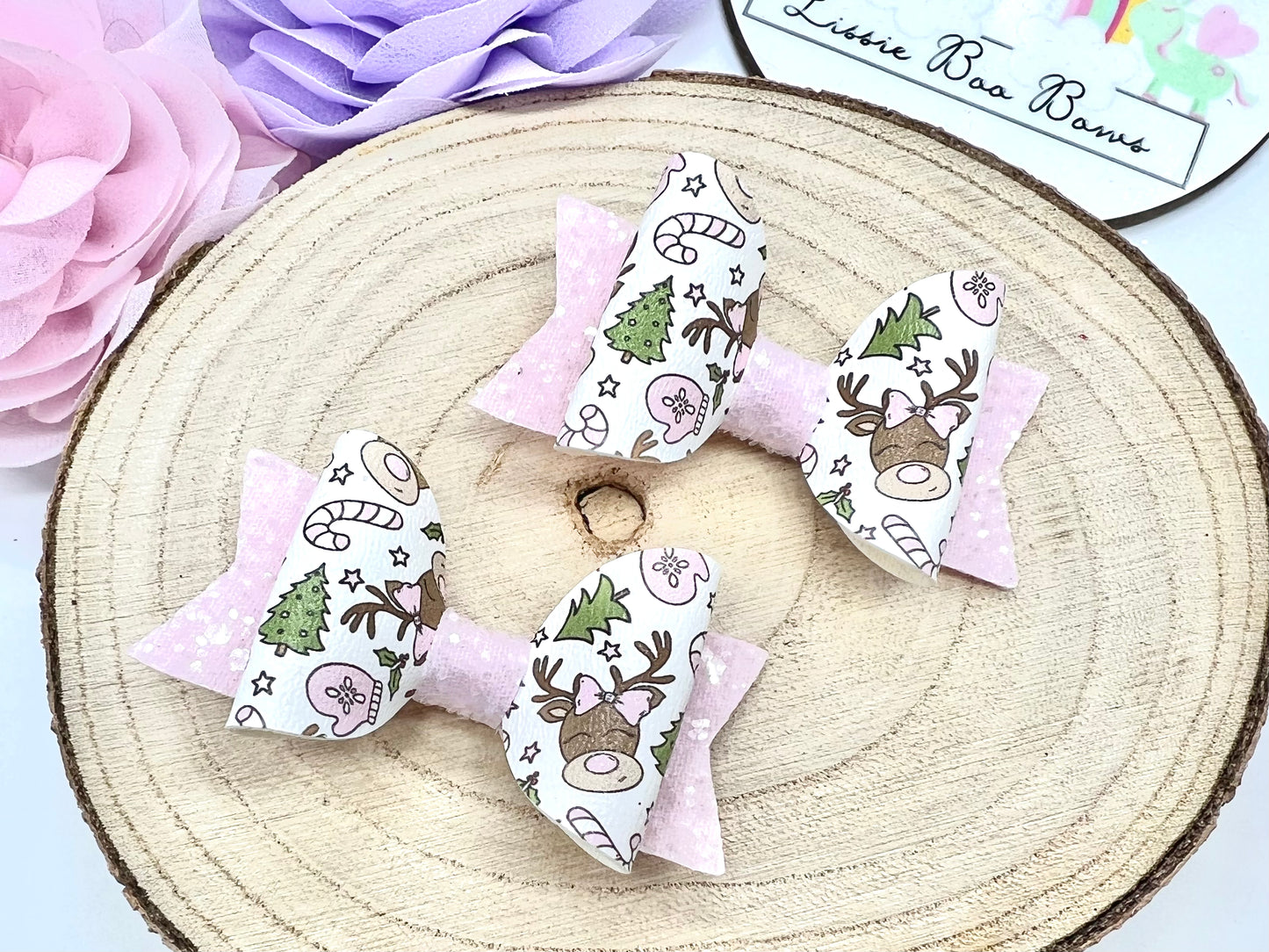 Pink reindeer Christmas piggytail bows