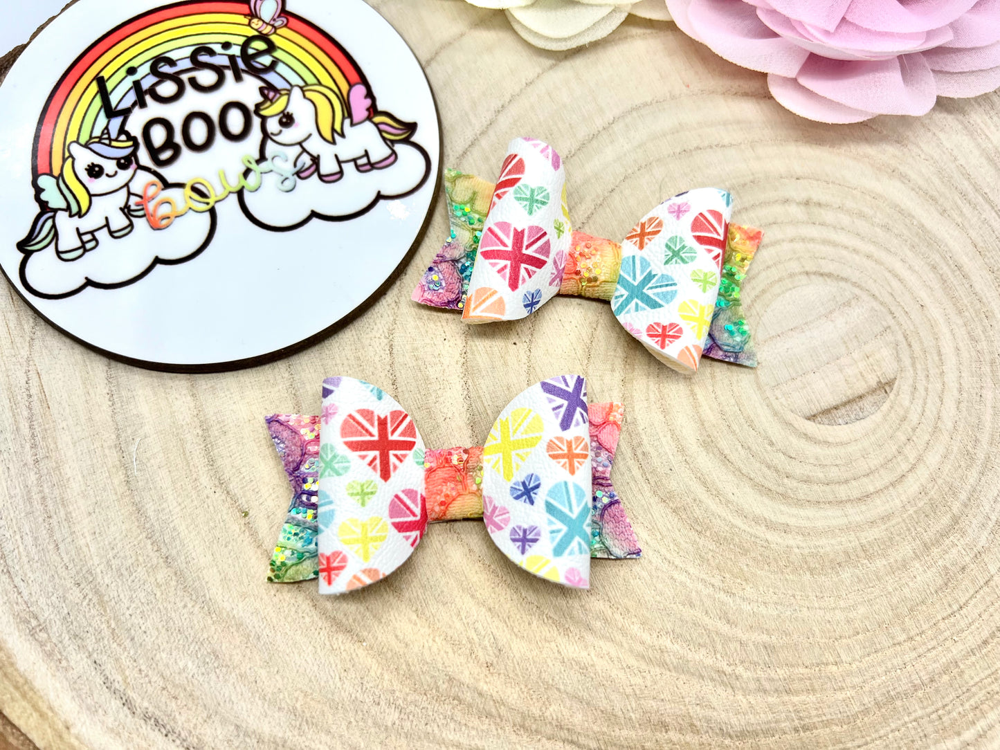 Rainbow Union Jack Piggytail bows 2.5”