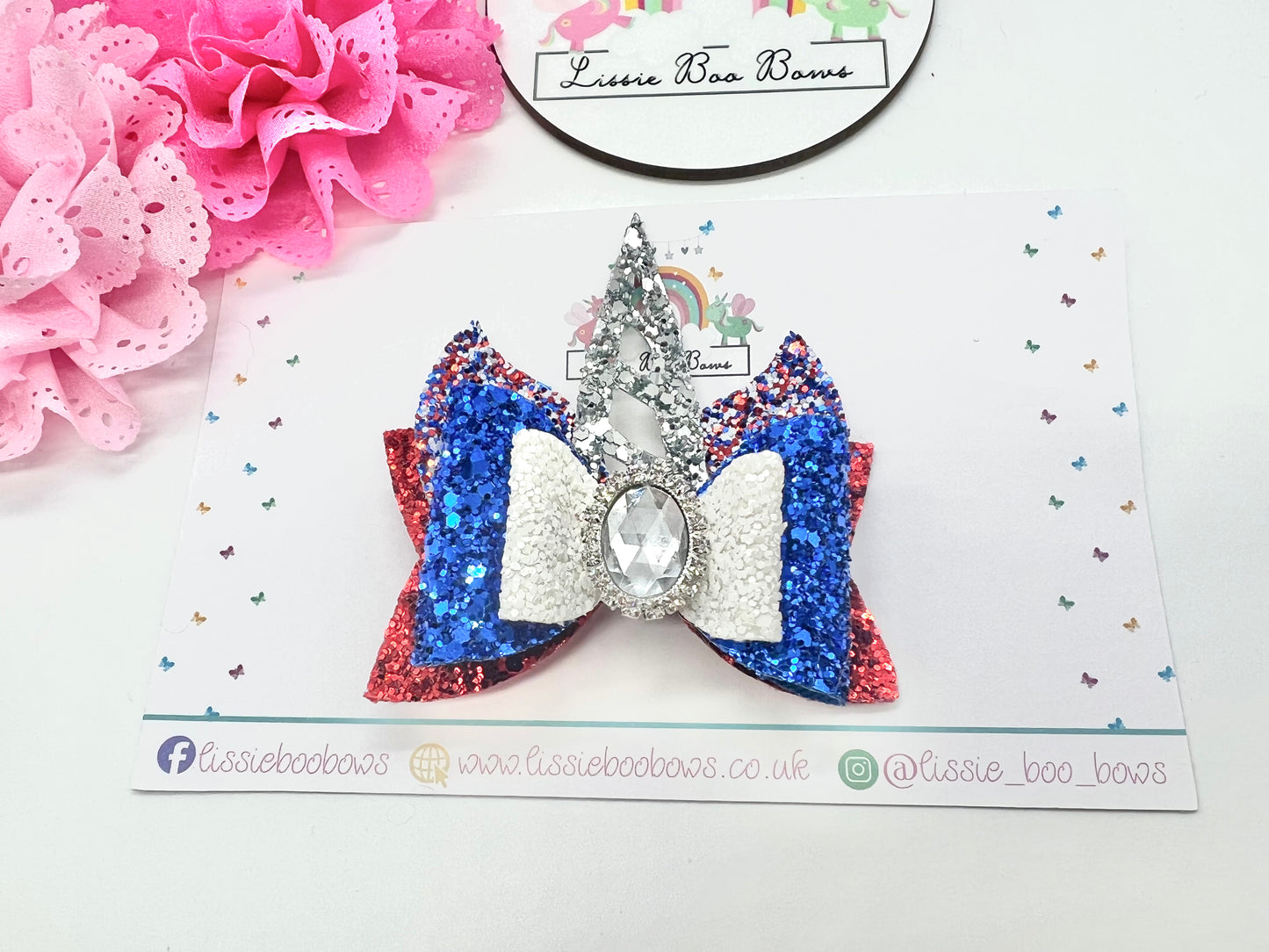 Unicorn Union Jack colours hair bow 3.5”