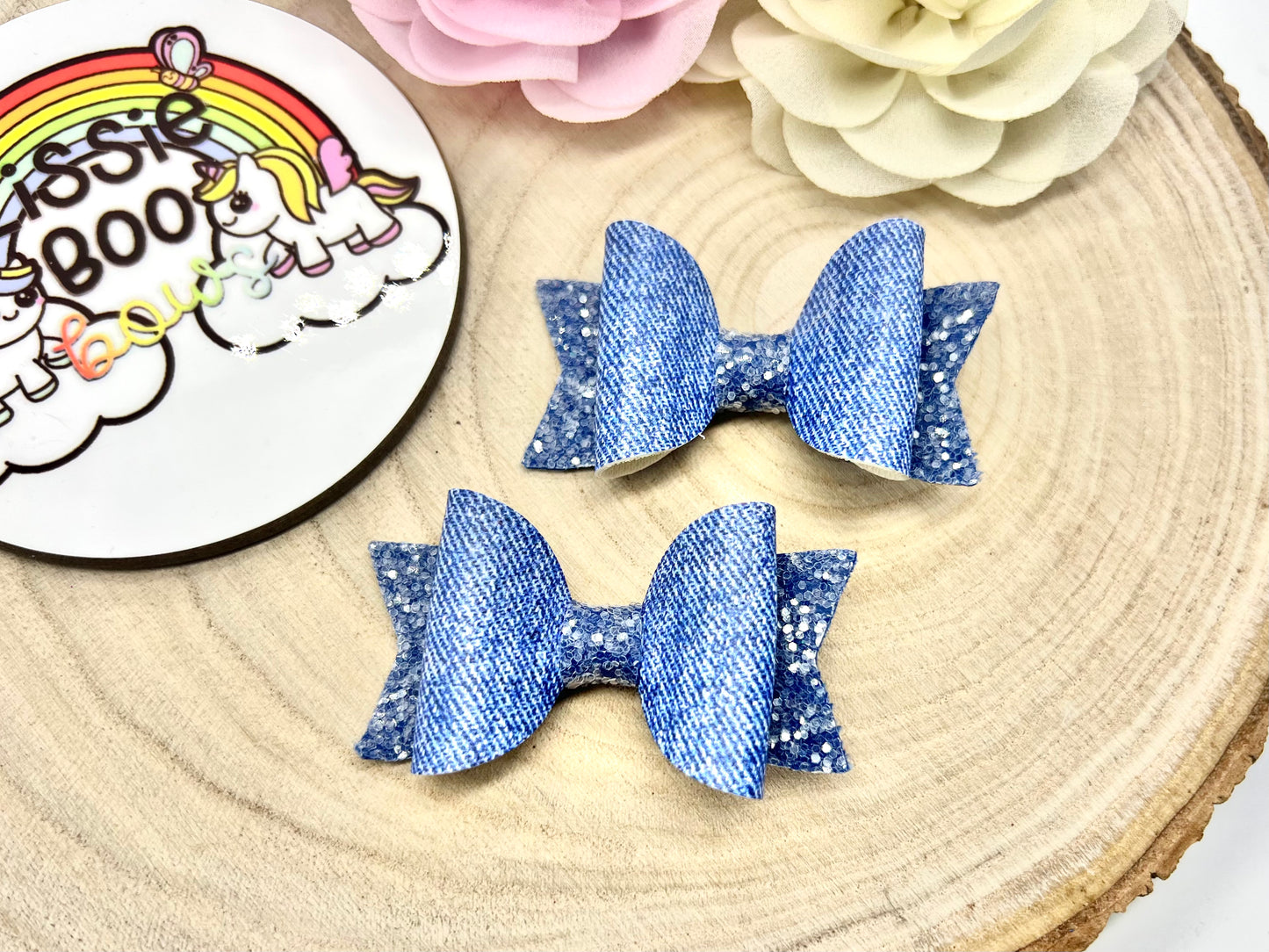 Denim effect leatherette piggytail hair bows