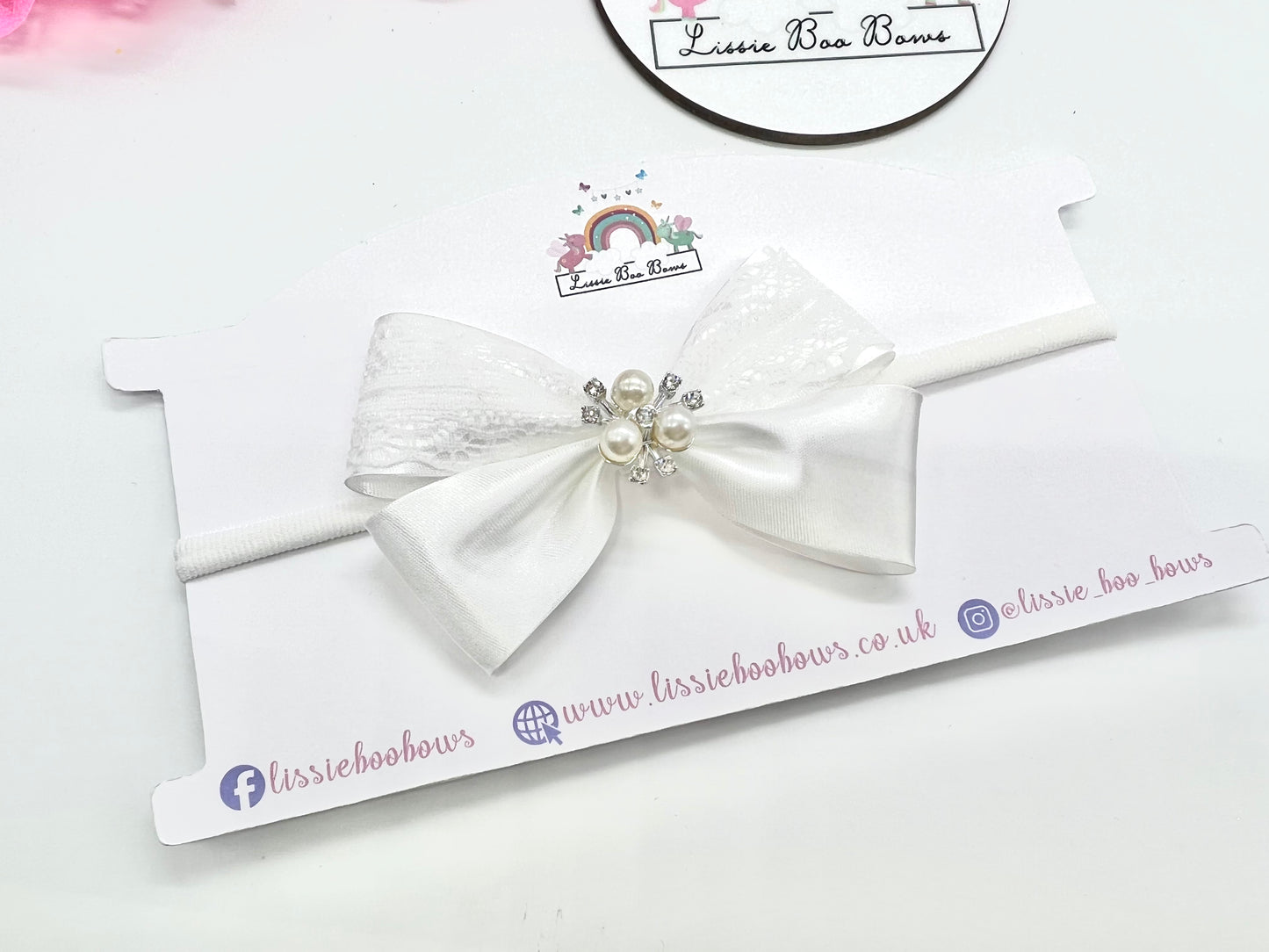 Satin bias and lace Pearl burst hair bow - all colours & finishes available